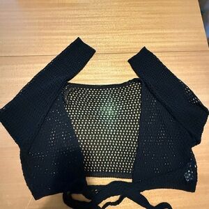 Black Open Knit Tie Front Shrug Cropped Bolero Cotton Lightweight Cardigan